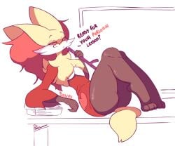 1girls anthro ass delphox desk diives english_text female_only fox fur furry_only glasses pokemon school seductive sfw sitting sitting_on_desk solo solo_female speaking_to_viewer tagme teacher text thick_ass witch