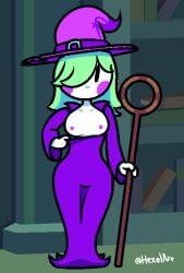 baton breasts breasts_out breasts_outside candies_n'_curses clothed female green_hair hexelart necro_witch nipples pale_skin purple_dress solo tight_clothing tight_dress white_skin wide_hips witch witch_hat