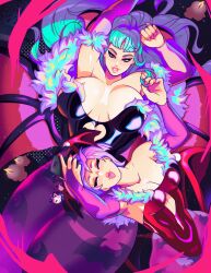 2girls bangs blue_eyes blue_hair breasts_apart candle capcom cleavage closed_eyes clothing colorful cutout darkstalkers demon_girl demon_tail demon_wings detached_sleeves eyelashes female female_only fluff grand-sage heart heart_cutout highleg_leotard large_breasts leotard lilith_aensland lipstick long_hair looking_at_viewer morrigan_aensland on_back pink_hair selfie short_hair small_breasts succubi succubus succubus_costume tongue tongue_out wings wings_on_head