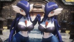 2girls 3d :3 anthro big_breasts blue_hair breasts cherryboy choker fully_clothed fully_clothed_female gardevoir hair_accessory holding_hands jeans long_hair looking_at_viewer navel no_sex one_eye_obstructed orange_eyes pokémon_(species) pokemon pokemon_(species) tube_top