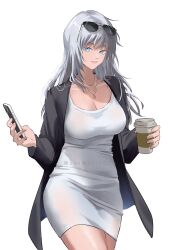 1girls bangs black_coat blue_eyes breasts cellphone cleavage coat coffee cup curvy disposable_cup dress eyewear_on_head female female_focus genderswap_(mtf) hair_between_eyes holding holding_cup holding_phone huge_breasts jewelry jujutsu_kaisen long_hair long_sleeves looking_at_viewer necklace open_clothes open_coat parted_lips phone rule_63 satoru_gojo simple_background smartphone smile solo sunglasses thick_thighs thighs twitter_username vermilli000n white_background white_dress white_hair