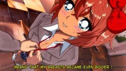 blue_eyes blush blush_lines cleavage doki_doki_literature_club english_text mc_(doki_doki_literature_club!) pov pov_eye_contact red_ribbon retro_artstyle ribbon sayori_(doki_doki_literature_club) screencap_redraw suuslimegirl text yellow_text