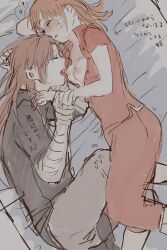 1boy 1girls ? blush breasts_out brother_and_sister chinese_clothes closed_eyes colored_sketch female gintama hair_down half_asleep incest kagura_(gintama) kamui_(gintama) licking long_hair_male male nipple_licking on_bed on_side open_shirt orange_hair pajamas siblings sleeping small_breasts sweatdrop