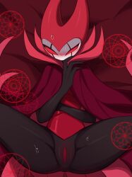 18_(artist) anus bed black_skin hollow_knight nightmare_king_grimm open_legs pussy red_body red_color red_eyes rule_63 sweating tagme team_cherry vagina