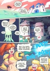 arm_cannon armor armored_samus comic_page dialogue mario_(series) metroid pauldrons princess_daisy princess_peach samus_aran samus_aran_(cosplay) speech_bubble supersatanson text varia_suit zero_suit