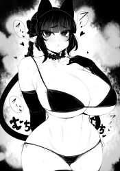 absurdres animal_ears bikini braid breasts cat_ears cat_tail curvy female ginku_mh greyscale haseru_(ginku_mh) heart highres huge_breasts monochrome panties pointy_ears rin_kaenbyou side-tie_bikini side-tie_panties spoken_heart swimsuit tail touhou underwear