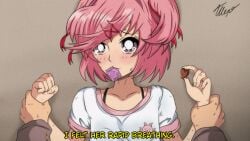 1girls 5_fingers against_wall blush blush_lines chocolate chocolate_heart condom condom_in_mouth doki_doki_literature_club english_text female fingernails holding_arm holding_arms human mc_(doki_doki_literature_club!) natsuki_(doki_doki_literature_club) pink_eyes pink_hair retro_artstyle screencap_redraw suuslimegirl text twintails yellow_text