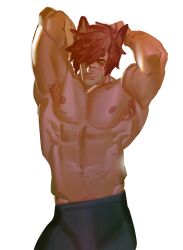 1boy animal_ears armpit_hair armpits arms_up bara facial_hair facial_scar hair_over_one_eye hands_behind_head league_of_legends looking_at_viewer male male_only muscular muscular_male red_hair scars sett smile smirk solo solo_male stubble topless topless_male yodenn_4