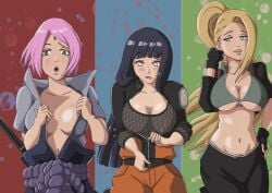 3girls alternate_breast_size belly_button big_breasts bikini bikini_top biting_lip blonde_female blonde_hair blue_eyes blue_hair blush bob_cut boruto:_naruto_next_generations breasts breasts_out breasts_outside busty canon_couple cleavage cosplay costume_swap costume_switch crop_top ear_piercing earrings female female_focus female_only fingerless_gloves fishnet_shirt fishnets forehead_jewel forehead_mark front_view gloves green_eyes hourglass_figure hyuuga_hinata inner_sideboob ino_yamanaka jacket large_breasts light-skinned_female light_skin looking_down medium_breasts medium_hair narrowed_eyes naruto naruto:_the_last naruto_(series) naruto_shippuden no_bra open_clothes open_mouth open_shirt pale-skinned_female pale_skin perky_breasts pink_hair pink_lips pink_lipstick pinup ponytail pose posing sai_(cosplay) sakura_haruno sasuke_uchiha_(cosplay) shoulder_length_hair shounen_jump shy smile smiling standing tied_hair tight_clothing underboob uzumaki_naruto_(cosplay) voluptuous wanderagro893 white_eyes wide_hips