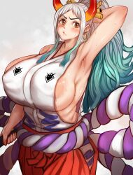 1girls areola_slip armpits big_breasts blue_hair blush blush_lines blushing breasts brown_eyes cleavage clothed clothing curvy ear_piercing earrings female female_focus female_only gradient_hair hakama hi_res highres hoop_earrings horned_humanoid horns huge_breasts humanoid japanese_clothes kanabou large_breasts light-skinned_female light_skin long_hair multicolored_hair no_bra one_piece oni oni_female oni_horns revealing_clothes sideboob simple_background solo solo_female sweat sweating sweaty sweaty_armpits toshi21888046 two_tone_hair white_hair wide_hips yamato_(one_piece) youkai