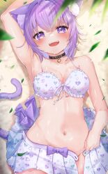 arm_over_head beach bikini blush cat_ears cat_tail catgirl choker ear_fluff hololive hololive_gamers hololive_japan lavender_hair nekomata_okayu on_back purple_eyes purple_hair removing_clothing shiny_skin skirt sweatdrop virtual_youtuber