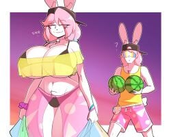 2boys anthro bell_collar big_breasts bikini breast_implants breasts busty_boy fake_breasts implants jam_(theycallhimcake) melon peanut_butter_(theycallhimcake) silicone smirk tagme theycallhimcake