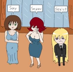 3girls bare_shoulders black_tie blonde_hair blue_eyes breasts brown_hair cleavage clothed clothing counselor_(lowgradef) dress english_text female female_only green_eyes history_teacher_(lowgradef) hourglass_figure lowgradef lowgradef_(copyright) math_teacher_(lowgradef) multiple_girls red_hair suit suit_and_tie text tie