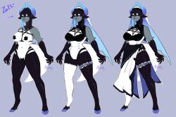 anthro beauty_mark big_breasts black_body black_skin blue_hooves breasts clawed_fingers claws female grey_fur hooves horns inverted_pentagram nyufluff pentagram reference_sheet solo solo_female tagme white_fur