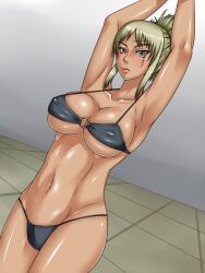 armpits arms_up big_breasts bikini black_bikini blonde_female blonde_hair blush cleavage facial_scar female female_only fishneak gintama looking_at_viewer nipple_bulge official_alternate_costume scar solo swimsuit tan_skin tied_hair tsukuyo underboob yellow_eyes