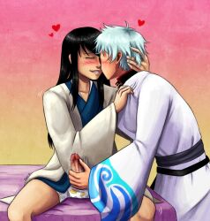 2boys black_hair blush closed_eyes erection ferndyne gay gintama gintoki_sakata gradient_background hand_on_another's_head handjob haori happy heart japanese_clothes katsura_kotarou kimono long_hair_male male male_only motion_lines penis penis_out smile uncensored wholesome yaoi