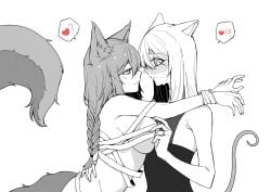 2girls @_@ animal_ears arknights bandages bare_shoulders blush braid breast_press breasts drlee_lili eye_contact face-to-face greyscale heart highres hug large_breasts large_tail long_hair looking_at_another monochrome mouse_ears mouse_girl mouse_tail multiple_girls naked_bandage provence_(arknights) scavenger_(arknights) shirt simple_background sleeveless sleeveless_shirt speech_bubble spoken_heart sweat tail white_background wolf_ears wolf_girl wolf_tail yuri