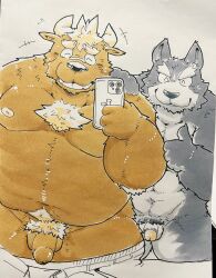 2022 absurd_res anthro balls belly big_belly bovid bovine canid canine canis cattle cellphone closed_eyes duo flaccid fur genitals hi_res humanoid_genitalia humanoid_hands humanoid_penis kemono male male/male mammal moobs navel nipples overweight overweight_male penis phone pubes smartphone suishou0602 wolf