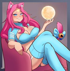 2022 bell bell_collar big_breasts blue_clothing blue_eyes breasts cat_girl cat_tail cleavage cleavage_cutout crossed_legs deus_vulv digital_drawing_(artwork) digital_media_(artwork) female female_only humanoid long_hair looking_at_viewer moon mooni_(missmoonified) pink_ears pink_hair pink_tail posing seductive seductive_eyes seductive_smile sitting smiling stockings tailed_beast