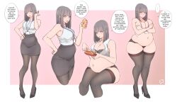 1girls chub chubby chubby_female covering_breasts donut embarrassed english_text female_only food grey_hair human human_only office_lady overweight solo solo_female source_request speech_bubble spellsx weight_gain