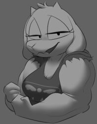 1girls 2d biceps big_breasts breasts chipchell eyes_half_open female female_only flexing_bicep furry goat_mom monochrome muscular_arms smirk solo solo_female tagme toriel torn_sleeves undertale undertale_(series)