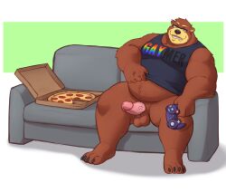 2022 absurd_res anthro balls belly big_belly brown_body clothing controller electronics erection eyewear food furniture game_controller gamecube gamecube_controller genitals glasses hi_res lustyshu male mammal nintendo overweight overweight_male penis pizza pizza_box shirt sitting sofa solo text text_on_clothing text_on_shirt text_on_topwear topwear ursid video_games wavebird_controller