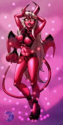 2022 absurd_res breasts clothed clothing demon detailed_background female genitals hair helluva_boss hi_res humanoid lipstick makeup moonpill nipples open_mouth partially_clothed pink_body pink_eyes pussy solo succubus teeth thick_thighs verosika_mayday_(helluva_boss) white_hair wings