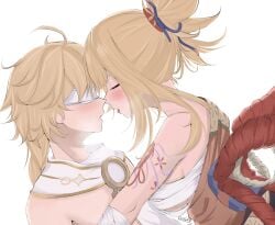 1boy 1girls aether_(genshin_impact) before_sex blindfold blonde_female blonde_hair blush colored drawing eroborne genshin_impact horny imminent_sex kissing long_hair mihoyo tongue_out yoimiya_(genshin_impact)