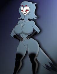 anthro avian beak big_breasts bird blue_body blue_feathers breasts claws demon feathers featureless_breasts female female_stolas glowing glowing_eyes helluva_boss hi_res hunterzroone mature_female multi_eye no_nipples nude open_mouth open_smile owl owl_demon red_eyes rule_63 shirozro7 simple_background smile solo stolas_(helluva_boss) thick_thighs