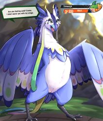 2020 avian beak bird blue_body blue_feathers bodily_fluids claws cloud cygames detailed_background dialogue dragalia_lost dragon dripping eyebrows eyelashes eyeshadow feathers female feral genital_fluids genitals grass green_eyes green_eyeshadow green_spots hi_res horn inviting makeup mountain narrowed_eyes nintendo open_mouth orange_spots plant presenting pussy pussy_juice pussy_juice_drip simurgh sky solo spots standing talking_to_another talons tongue video_games white_body white_feathers yellow_spots yurusa