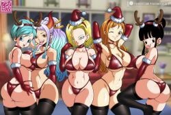 5girls android_18 ass big_ass big_breasts bikini black_hair blonde_female blonde_hair blue_eyes blue_hair breasts brown_eyes bulma_briefs chichi christmas cross_epoch crossover curvaceous curvy dragon_ball dragon_ball_z female female_only franfuentesart2 horn horns hourglass_figure huge_ass huge_breasts large_breasts milf multiple_girls nami one_piece orange_hair post-timeskip stockings thick_thighs thighhighs white_hair yamato_(one_piece)