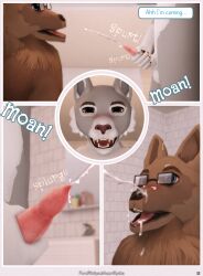 3d_(artwork) ambiguous_gender anatomically_correct anatomically_correct_genitalia animal_genitalia animal_penis anthro aroused balls bathroom blush bodily_fluids canid canine canis close-up comic cum cum_drip cum_in_mouth cum_inside cum_marking cum_on_body cum_on_eyewear cum_on_face cum_on_glasses cum_on_tongue cum_string cumshot dialogue digital_media_(artwork) dripping duo ejaculating_cum ejaculation english_text erection eyewear felid feline_penis genital_close_up genital_fluids genitals glasses hi_res holding_penis jackal kneeling mammal mynka nude on_another open_mouth orgasm page_13 pantherine penis sheath speech_bubble text tongue