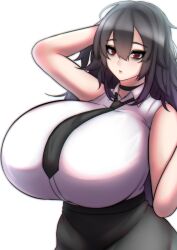 black_hair black_skirt gigantic_breasts goth goth_girl hand_behind_head huge_breasts long_hair nantene red_eyes tie tupperwave white_shirt