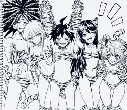 2girls 3boys bikini bikini_bottom bikini_top black_and_white breasts cleavage danganronpa danganronpa:_trigger_happy_havoc danganronpa_1 female femboy fujisaki_chihiro hagakure_yasuhiro kirigiri_kyouko large_breasts maizono_sayaka male monochrome multiple_boys multiple_girls naegi_makoto smooth_skin thick_thighs thighs tiger_bikini tiger_ears tiger_paws tiger_print tiger_print_bikini tiger_tail tsunemi_aosa