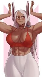 1girls abs big_breasts bra bunny_ears cameltoe clothed clothing dark-skinned_female dark_skin female gud0c long_hair miruko muscular muscular_arms muscular_female my_hero_academia posing red_bra rumi_usagiyama solo thick_thighs wide_hips yoga_pants