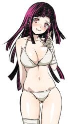 1girls bandage belly belly_button bikini bikini_bottom bikini_pull bikini_top blush blushing blushing_at_viewer breasts cleavage cute danganronpa danganronpa_2:_goodbye_despair danganronpa_s:_ultimate_summer_camp dark_purple_hair dosugon female female_only fringe hair head_tilt hime_cut innocent large_breasts light-skinned_female light_skin long_hair looking_at_viewer mole mole_under_eye orange_eyes pale-skinned_female petite purple_eyes purple_hair shy smile smiling smiling_at_viewer straight_hair super_danganronpa_2 teenager thighs tilted_head tilting_head tsumiki_mikan white_background white_bikini white_bikini_bottom white_bikini_top