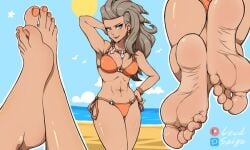 ass barefoot beach bikini blonde_female feet foot_fetish foot_focus hand_on_own_neck lewdsaiga orange_bikini orange_toenails pokemon pokemon_sv professor_sada_(pokemon) soles swimsuit swimwear toes