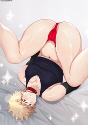 1boy absurdres akth555nsfw animal_collar ass bangs bed black_tank_top blonde_female blonde_hair clenched_teeth collar cuntboy highres intersex katsuki_bakugou large_pectorals legs_up lying male_focus muscular muscular_male my_hero_academia navel on_back on_bed panties pectorals pink_panties rayka red_eyes short_hair solo spiked_hair spiky_hair sweat tank_top teeth thick_thighs thighs twitter_username underwear