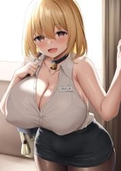 1girls arm_strap bag bakunyuu bare_shoulders bell bell_choker bell_collar belly_button black_bra black_choker black_collar black_miniskirt blonde_hair blonde_hair_female bloom blush blushing_at_viewer bra bra_visible_through_clothes brassiere breasts brown_eyes brown_legwear brown_pantyhose choker cleavage collarbone collared_shirt covered_breasts covered_erect_nipples covered_navel curvaceous english_text enormous_breasts erect_nipples erect_nipples_under_clothes eyebrows_visible_through_hair full_cleavage fully_clothed hair_between_eyes handbag happy happy_face happy_female hi_res high_resolution highres hourglass_figure huge_breasts impossible_clothes kusana_(dudqja602) legwear looking_at_viewer massive_breasts microskirt miniskirt name_tag neck_bell nipples_bulge open_mouth original pantyhose pencil_skirt revealing_clothes seductive seductive_eyes seductive_look shirt short_blonde_hair short_hair skirt sleeveless sleeveless_shirt smile smiling_at_viewer solo solo_female sweat sweatdrop sweaty_arms sweaty_breasts sweaty_face tight_fit tight_shirt tight_skirt top_heavy_breasts unbuttoned unbuttoned_shirt upper_body voluptuous voluptuous_female white_shirt window