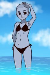 1girls 2021 aiden_abadeer armpits bald beach belly_button bikini black_bikini cartoon_network earrings female_focus flat_chested hand_on_hip hands_up infinity_train lake_(infinity_train) looking_at_another pinup request sea seaside solo solo_female solo_focus standing swimsuit