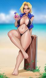 1girls android_18 beach blonde_female blonde_hair blue_eyes breasts dragon_ball dragon_ball_z drink edemevas female female_only hi_res large_breasts looking_at_viewer solo thighs