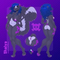 5_fingers 5_toes absurd_res anthro anus ass big_breasts big_butt big_tail birthmark black_body black_fur blue_eyes blue_hair breasts color_swatch disembodied_butt feet female fingernails fingers fluffy fluffy_tail fur genitals hair hand_on_hip hi_res lips long_hair looking_at_viewer mammal markings mephitid model_sheet nails nipples nude pattern_background pawpads purple_anus purple_background purple_body purple_fur purple_inner_ear purple_lips purple_nipples purple_nose purple_pawpads purple_pussy pussy shalya_(needintetnsfw) simple_background skull_(marking) skull_and_crossbones skunk smile smiling_at_viewer solo standing striped_markings striped_tail stripes tail_markings three-quarter_view toes wetsealky white_body white_fur white_stripes wide_hips