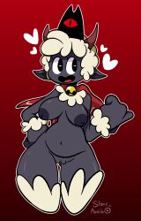 anthro bell bell_collar black_eyes breasts breasts_out collar crown cult_of_the_lamb devolver_digital female_focus fur fur_stockings gray_skin hearts horn horns lamb_(cult_of_the_lamb) naked_female pointy_ears pussy red_cape slime_amiibo thick_thighs white_fur white_hair