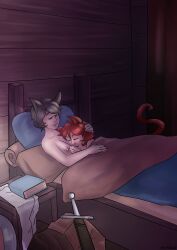 2girls adventurer bed black_hair blindwildcat book commission commissioner_upload couple cuddling discarded_clothing feline_humanoid fiona_(foogee) head_resting_on_chest hi_res light_skin multiple_girls myrell_(foogee) night nipples original_character red_hair sleeping sword tagme wholesome wooden_wall yuri