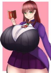 book gigantic_breasts green_eyes huge_breasts large_hips nantene purple_skirt red_hair school_uniform schoolgirl skirt thick_thighs thighs tupperwave wide_hips