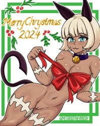 christmas covered_nipples nadia_fortune pussy red_bow simple_background skullgirls yetanotherrisk