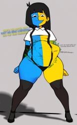 1girls 1other ai_generated black_hair black_panties blue_skin bob_cut digestion ena ena_(series) female joel_g looking_down no_pants panties post_vore ripped_clothing short_hair small_breasts suspenders text underboob vore vore_belly yellow_skin