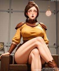 ai_generated armor bangs bare_legs bastila_shan belt blush boots bracer braid breasts brown_eyes brown_footwear brown_hair chair clothing crossed_legs english_text female female female_only footwear hair_bun hypnosis indoors jousneystudio knights_of_the_old_republic large_breasts lips long_hair long_sleeves looking_at_viewer low_twintails mind_control open_mouth pendulum ponytail red_lips shoulder_armor single_hair_bun sitting skirt solo star_wars sweat sweatdrop thick_thighs thighs tied_hair twintails vambraces wide-eyed yellow_eyes