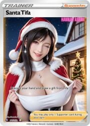 ai_generated breasts christmas christmas_tree cleavage final_fantasy final_fantasy_vii gigantic_breasts hannah_asami-(artist) huge_breasts pokemon pokemon_card pokemon_card_edit pokemon_tcg pokemon_tcg_pocket pulled_by_self pulling_clothing realistic santa_costume santa_tifa smile tank_top tifa_lockhart tifa_lockhart tifa_lockhart_(cosplay) wink winking_at_viewer