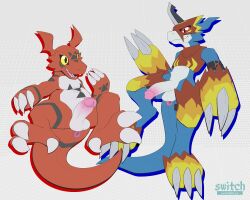 5:4 alternate_version_at_paywall anthro anthro_only anus armor balls bandai_namco blue_body clothing digimon digimon_(species) duo erection flamedramon genitals guilmon hasbro hi_res humanoid_genitalia humanoid_penis male multicolored_body penis red_body semi-anthro shirt smile switchbit topwear two_tone_body white_body